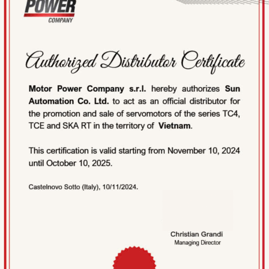 GIẤY CHỨNG NHẬN ĐẠI LÝ MOTOR POWER COMPANY TẠI VIỆT NAM